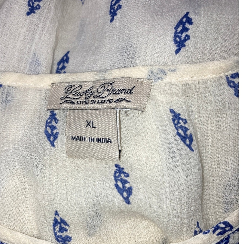 Lucky Brand Womens XL Embroidered Boho Peasant Blouse Blue White Cotton Top - Picture 3 of 9